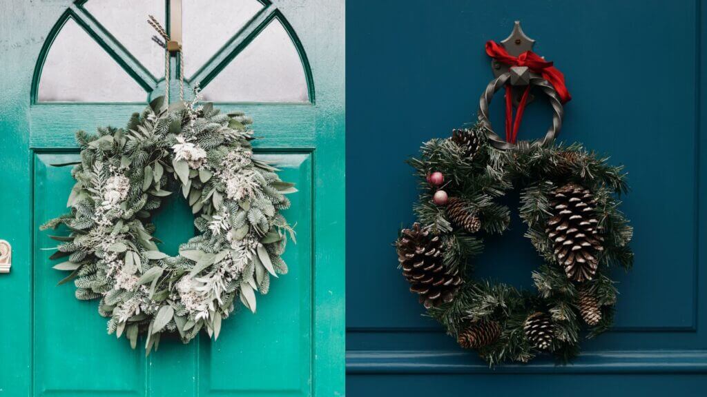 two chirstmas wreaths hanging on doors