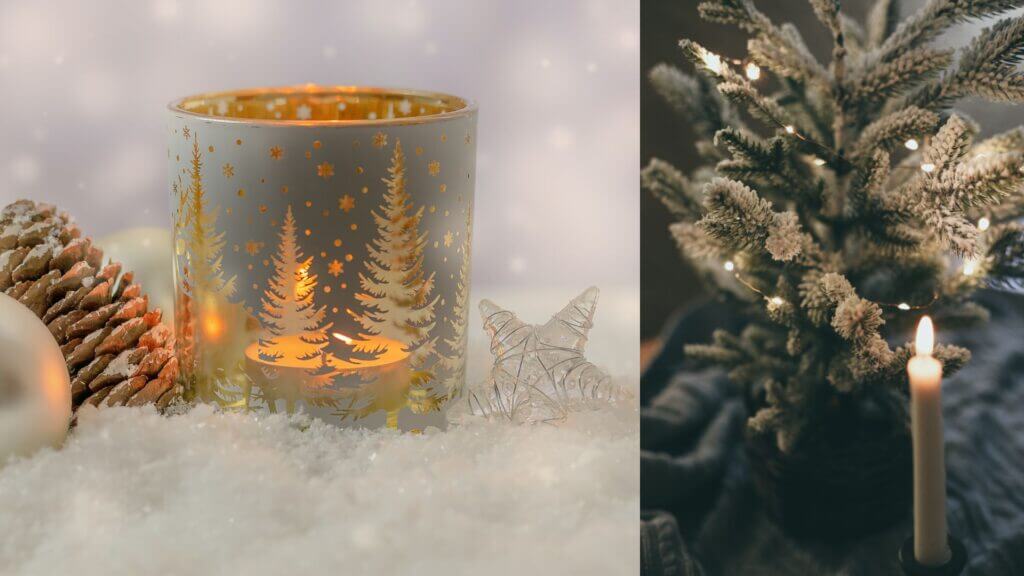 christmas candle holder on left, long candle in front of tree on right