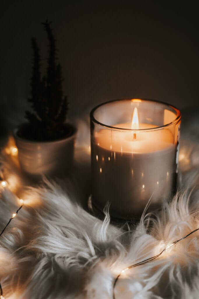 candle sitting a sheepskin rug with plant behind it