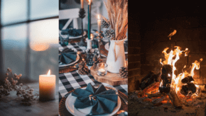3 images depicting the hygge meaning, chandle, dining table with wooden ornaments and dark fireplace