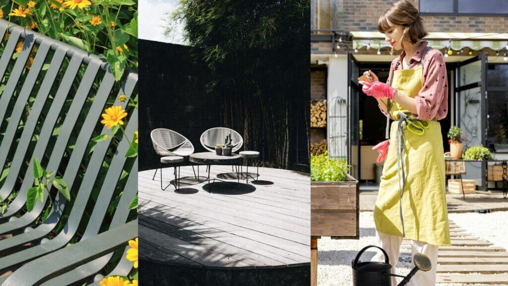 (left) metal bench surrounded by sunflowers (center) two seats on wooden porch (right) woman watering outdoor plants 