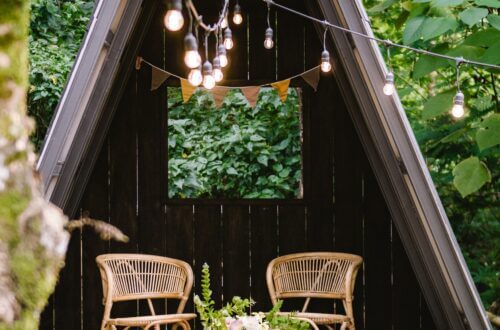 Scandinavian outdoor furniture inside a tent